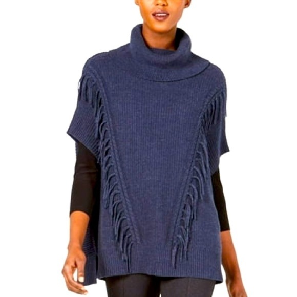 Boho Fringe Short Sleeve Poncho Navy Blue Batwing Sleeves Women’s Size Large - Picture 1 of 9